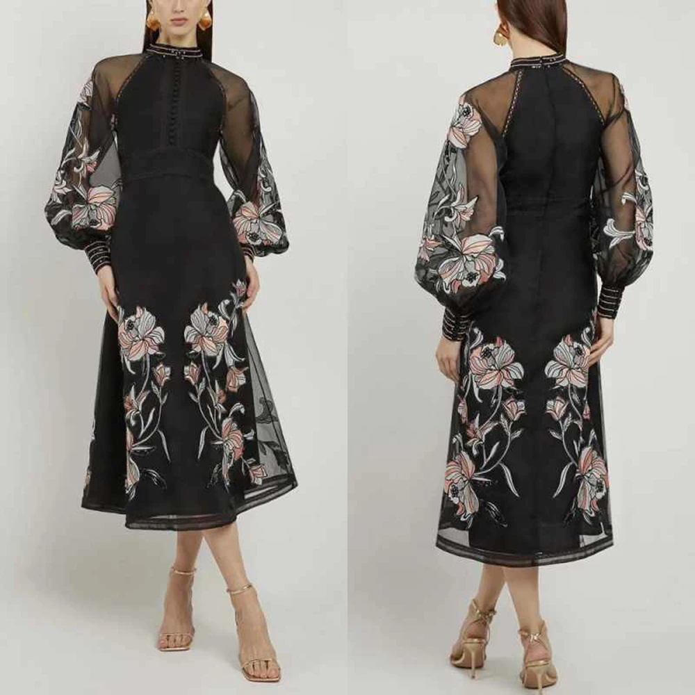 Customized Classic Contrast Color Prom Gowns Black Arabic Evening Dresses Long Sleeve Middle East Wedding Party Gowns Tea Length image 2