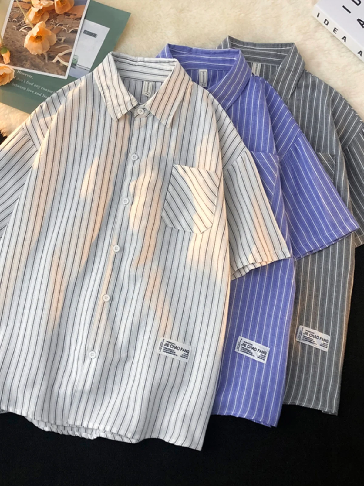 

Summer Thin Stripe Short Sleeve Casual Shirt for Men Lightweight Business Style Japanese Trend Youth Travel Loose Fit Shirt