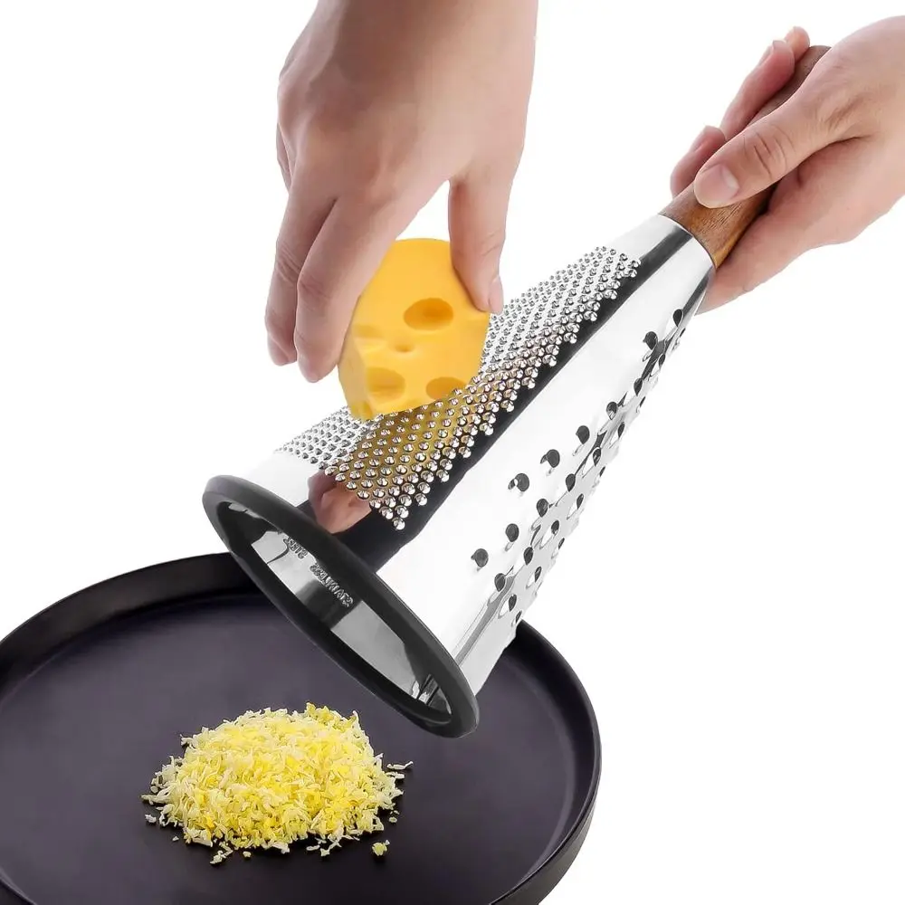 Stainless Steel Cone Cheese Grater Triple Function Wood Handle Parmesan Shaver Non-Slip Bottom Handheld Vegetables Cheese Grater