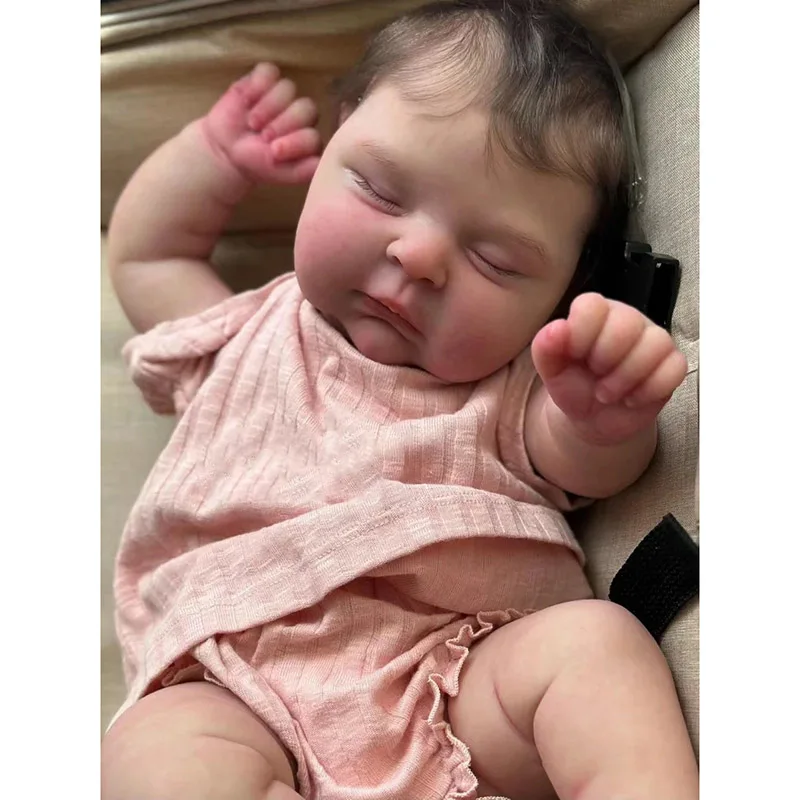 48cm Cute Reborn Sleeping Baby Doll Girl Peaches with Hand-Rooted Brown Hair Soft Siliconen Reborn