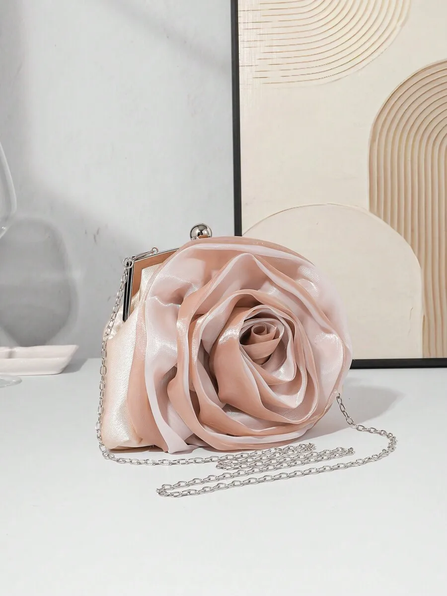 

Elegant Rose Flower Evening Clutch Bag With Chain Strap For Wedding Prom Party
