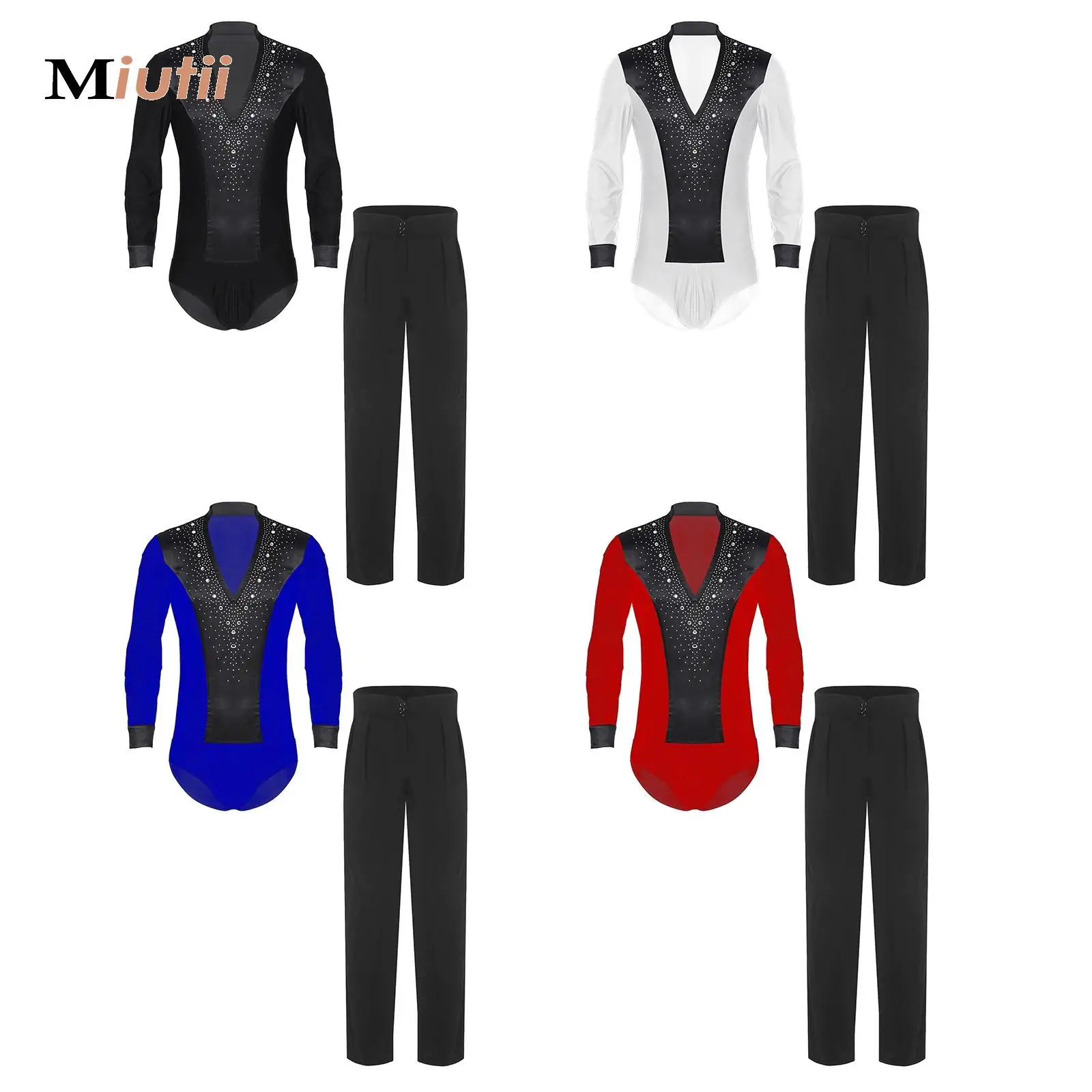 

Men Latin Dance Outfits Long Sleeve Shiny Rhinestones Mesh Leotard Bodysuit And High Waist Pants Chacha Figure Skating Dancewear