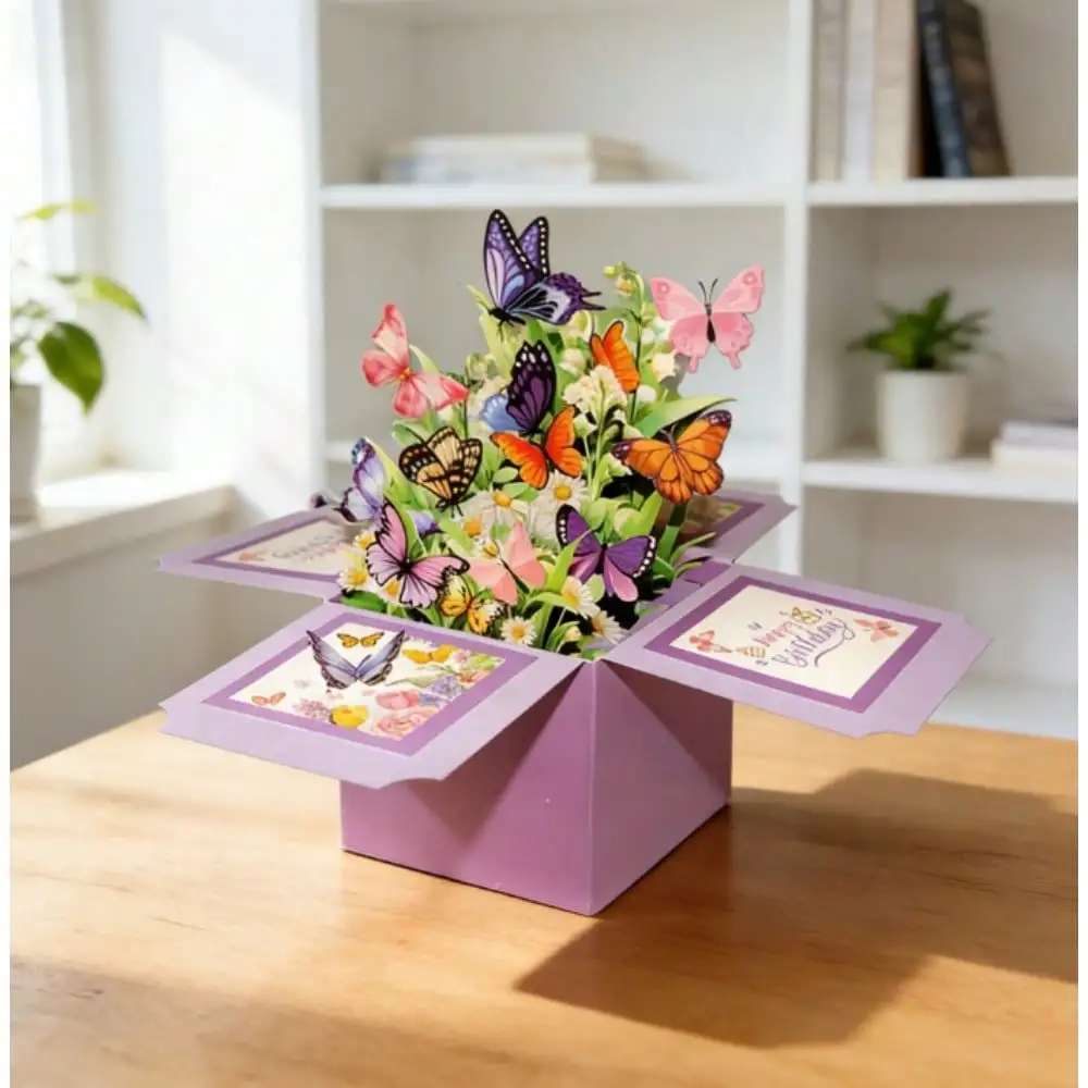 1 tarjeta de cumpleaños 3D emergente, tarjeta de felicitación con caja de flores y mariposas moradas con sobre para un amigo