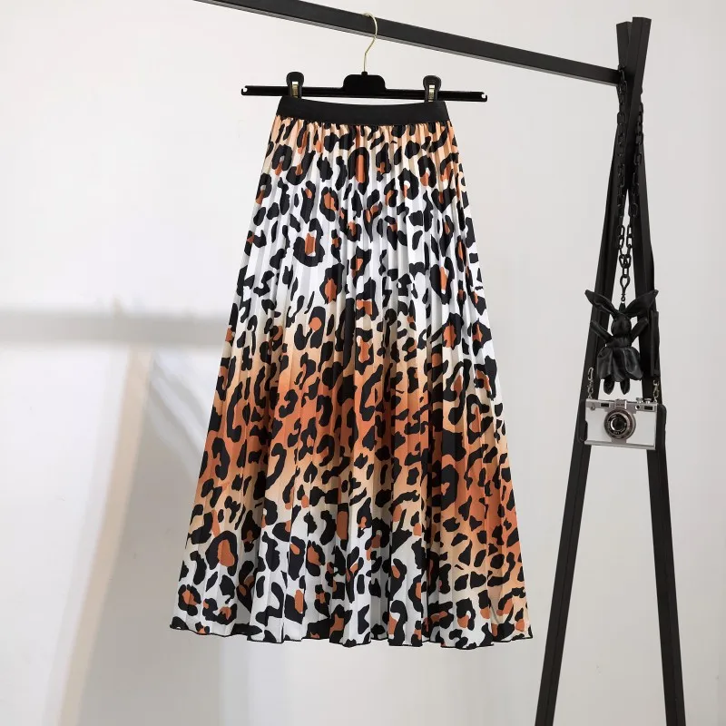 Nighpha Leopard Print Pleated Skirt for Women Summer High Waist Midi Skirt Large Swing Causal Party