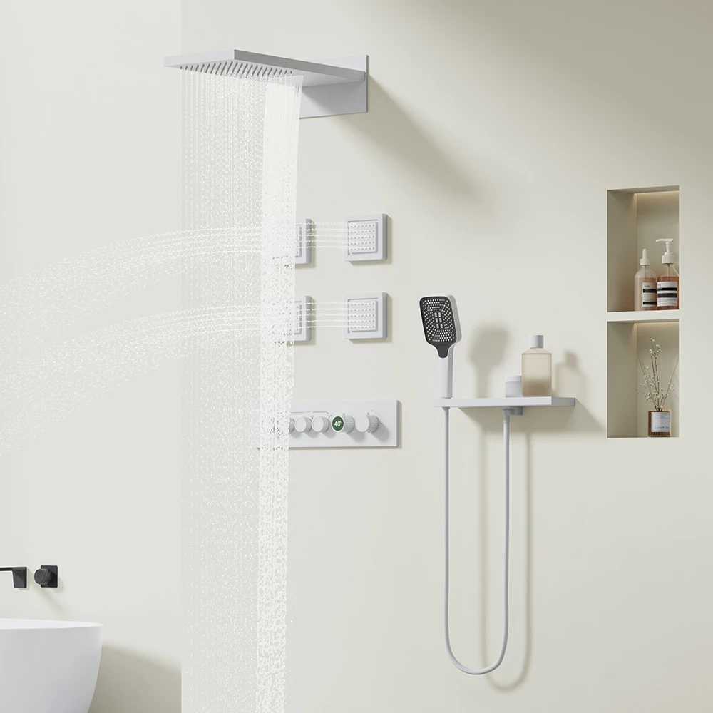 Modern Nordic Rainfall Ceiling Shower System Single-Handle Concealed Bathroom Set in Brass Featuring Waterfall and Jet Sprays