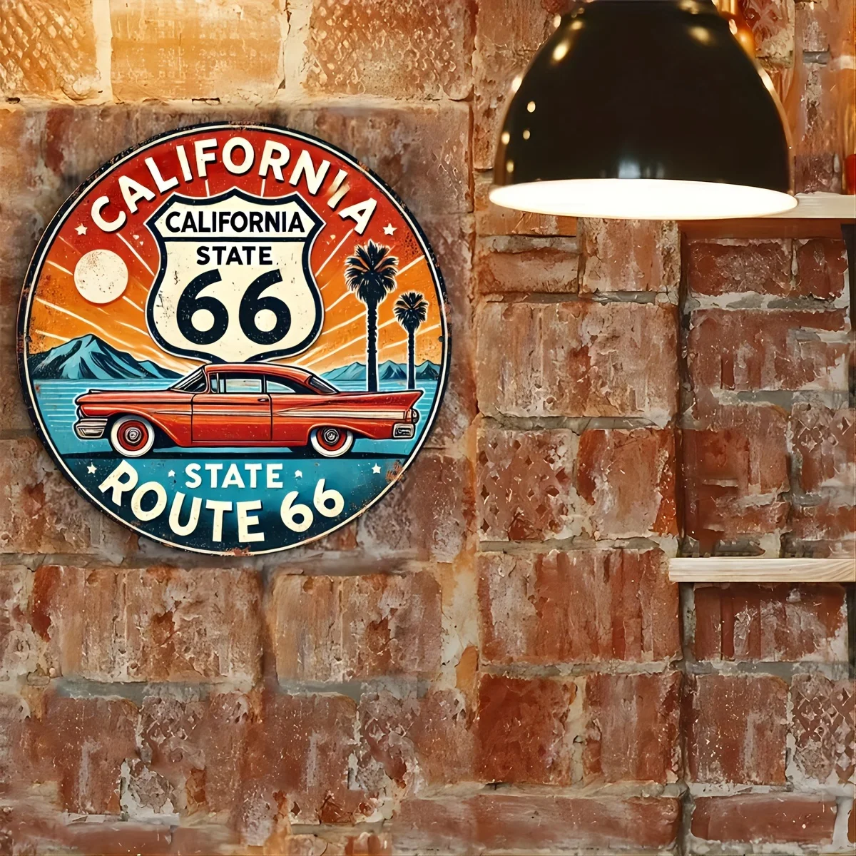 لافتة معدنية مسطحة مطبوعة 2D 7.8X7.8 بوصة (20 × 20 سم) 2D، لافتة معدنية عتيقة طريق كاليفورنيا 66 - لوحة فنية جدارية كلاسيكية مستديرة، مثالية f