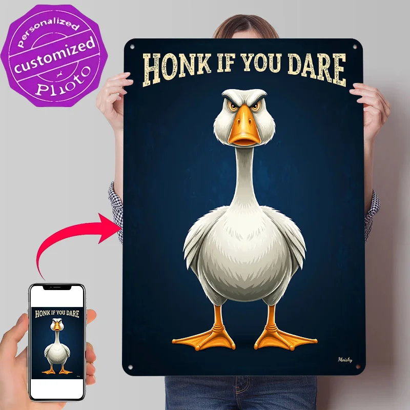 Honk If You Dare – Angry Goose – Affiche imprimée amusante, art mural personnalisé, panneaux en métal rétro vintage pour la décoration de la pièce, jeux vidéo