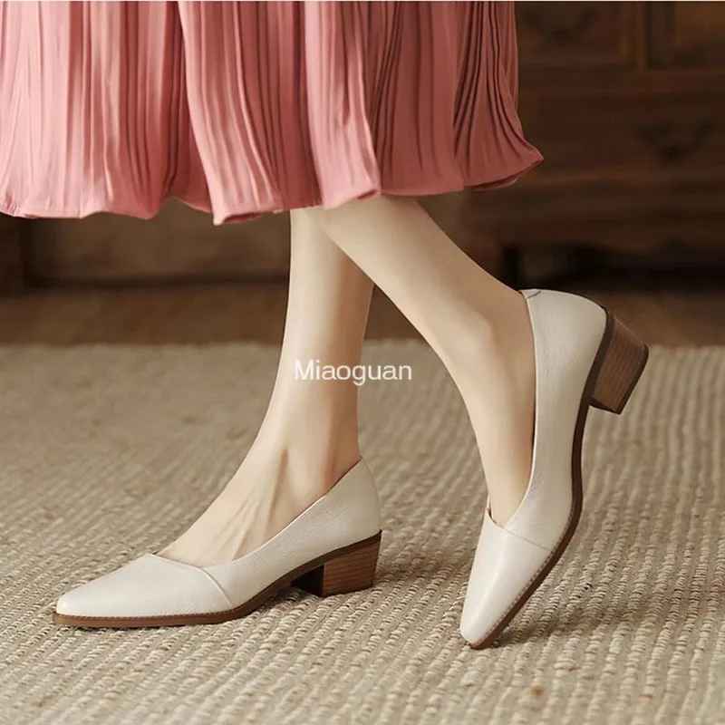 New Retro Leather Heels Shoes Pointed Toe Slip-on Loafers Mid Heeled Fashion Work Shoes Women\'s Spring Summer Casual Pumps Beige