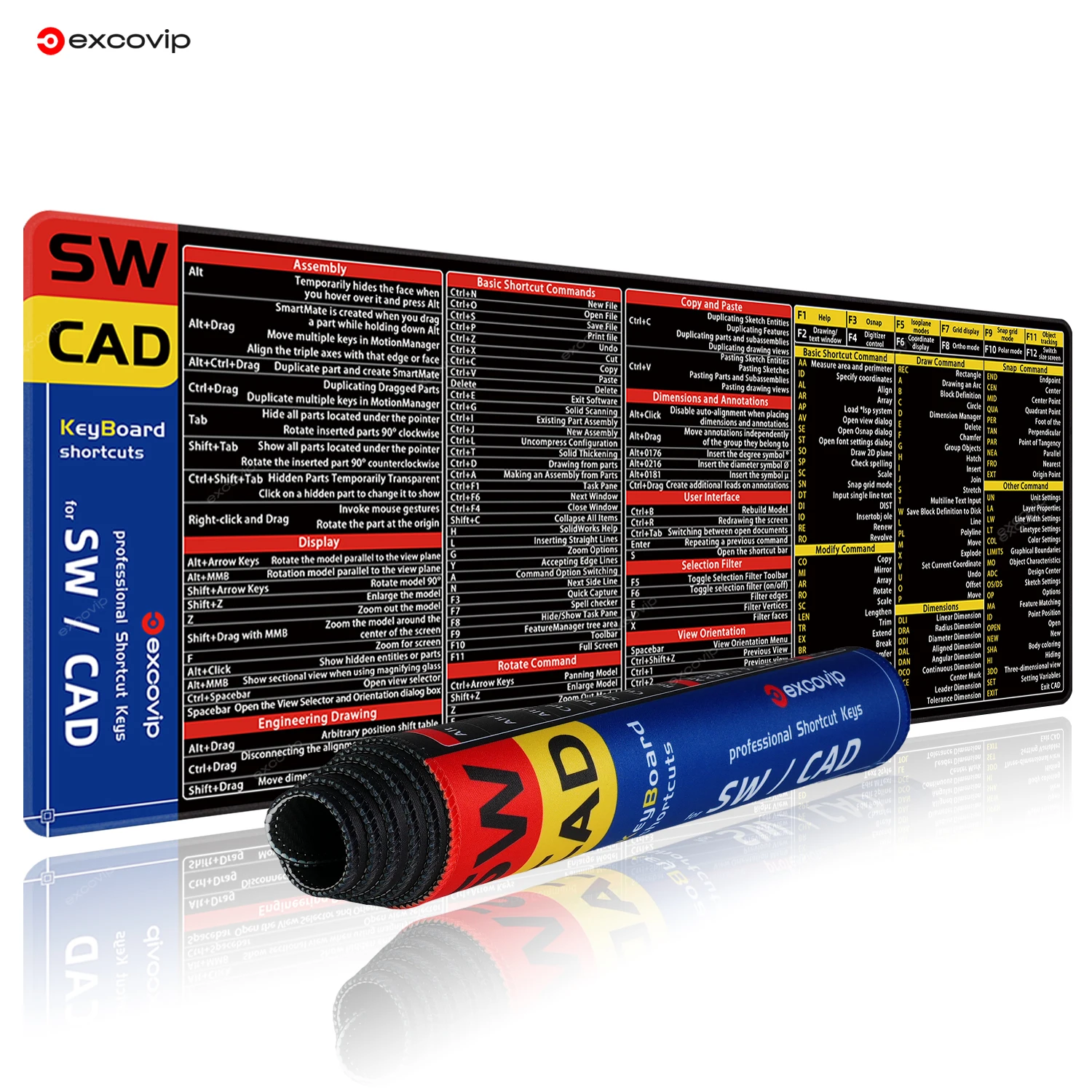 EXCO Shortcuts Mouse Pad for AutoCAD SolidWorks Large Cheat Sheet Keyboard Mousepad Desk Mat Stitched Edge Non-Slip Rubber Base