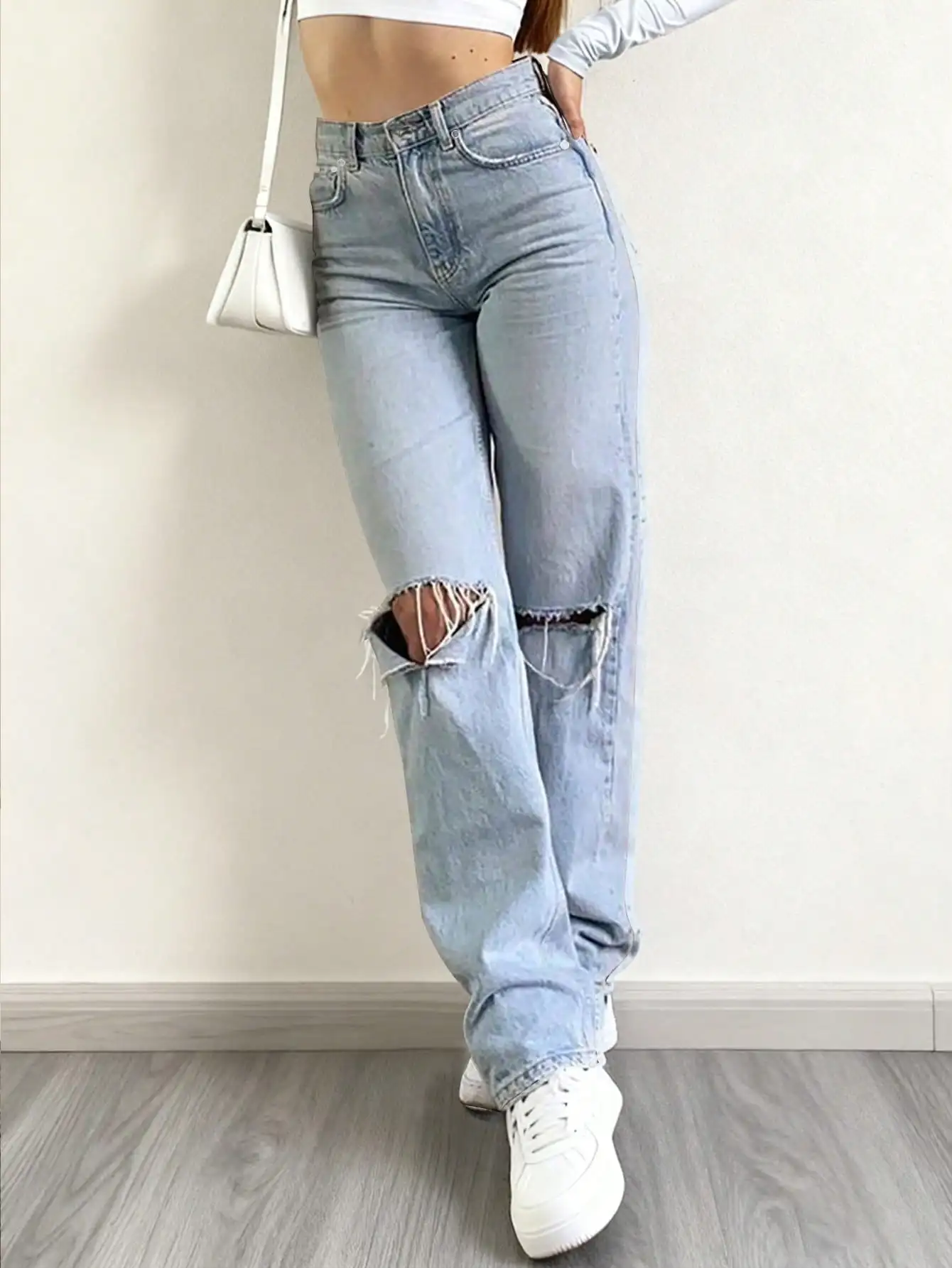 

Женские джинсы с высокой талией, прямые, с эффектом потертости, светлый деним для повседневного уличного стиля