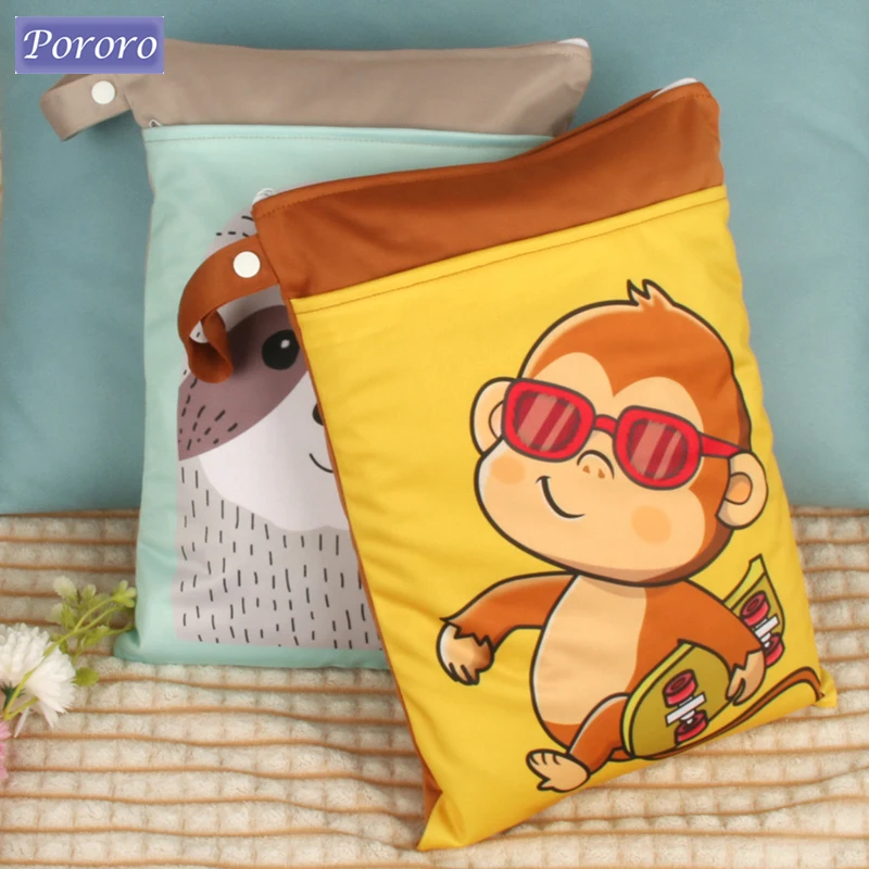 

Pororo 25cmx35cm Waterproof Wet Bag Monkey Owl Fox Prints Diaper Bag Travel Storage Double Openings with Handle Wet Dry Bags