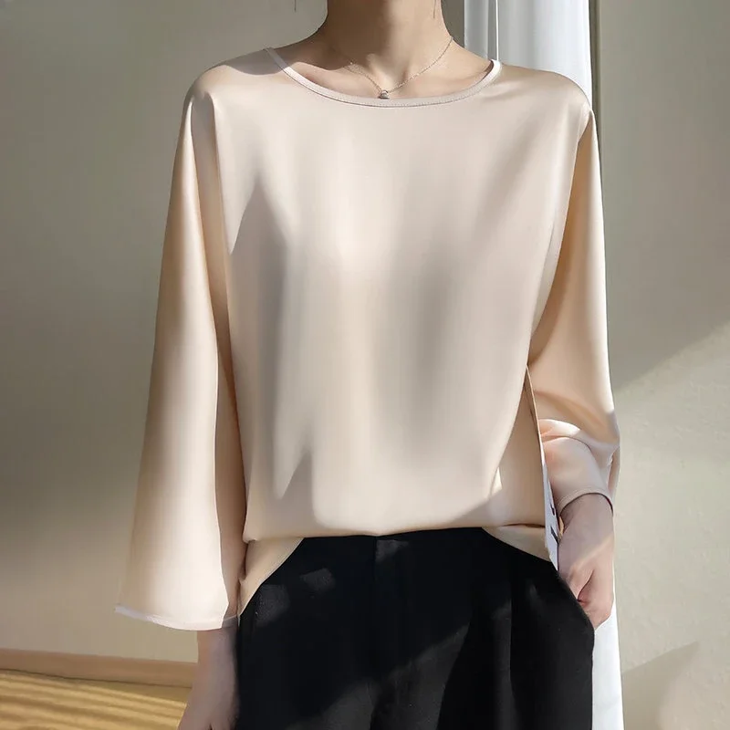 New High Quality Summer Elegant O-neck Plus Size Silk Satin Blouse Women Shirts Office Ladies Loose Tops Haut Femme 6 Colors