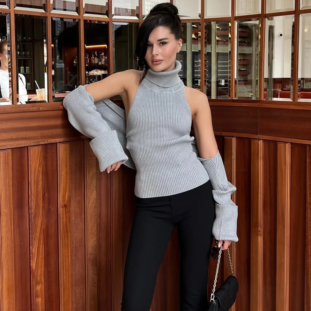 

Talenza вязаный топ из двух предметов, женский сексуальный вязаный жилет с открытой спиной и высоким воротом, шаль с длинными рукавами, весенний повседневный винтажный топ, свитер, жилет