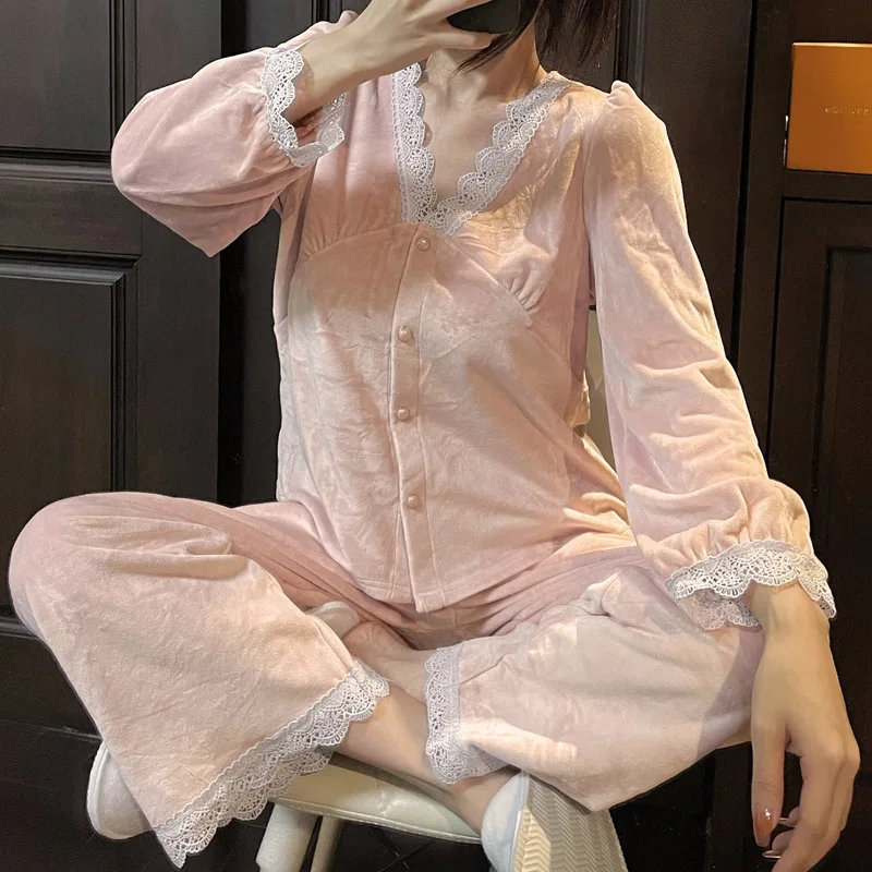 Autumn Winter Velvet Sleepwear 2PCS Pajamas Set French Retro Court Style Velour Pijamas Trouser Suit Lounge Wear Casual Homewear 2