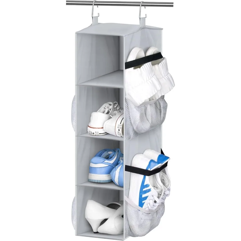 

Short Hanging Shoe Organizer for Closet Storage with Mesh Side Pockets Holds 8 Pairs, Hanging Shoe Rack Hanger RV,