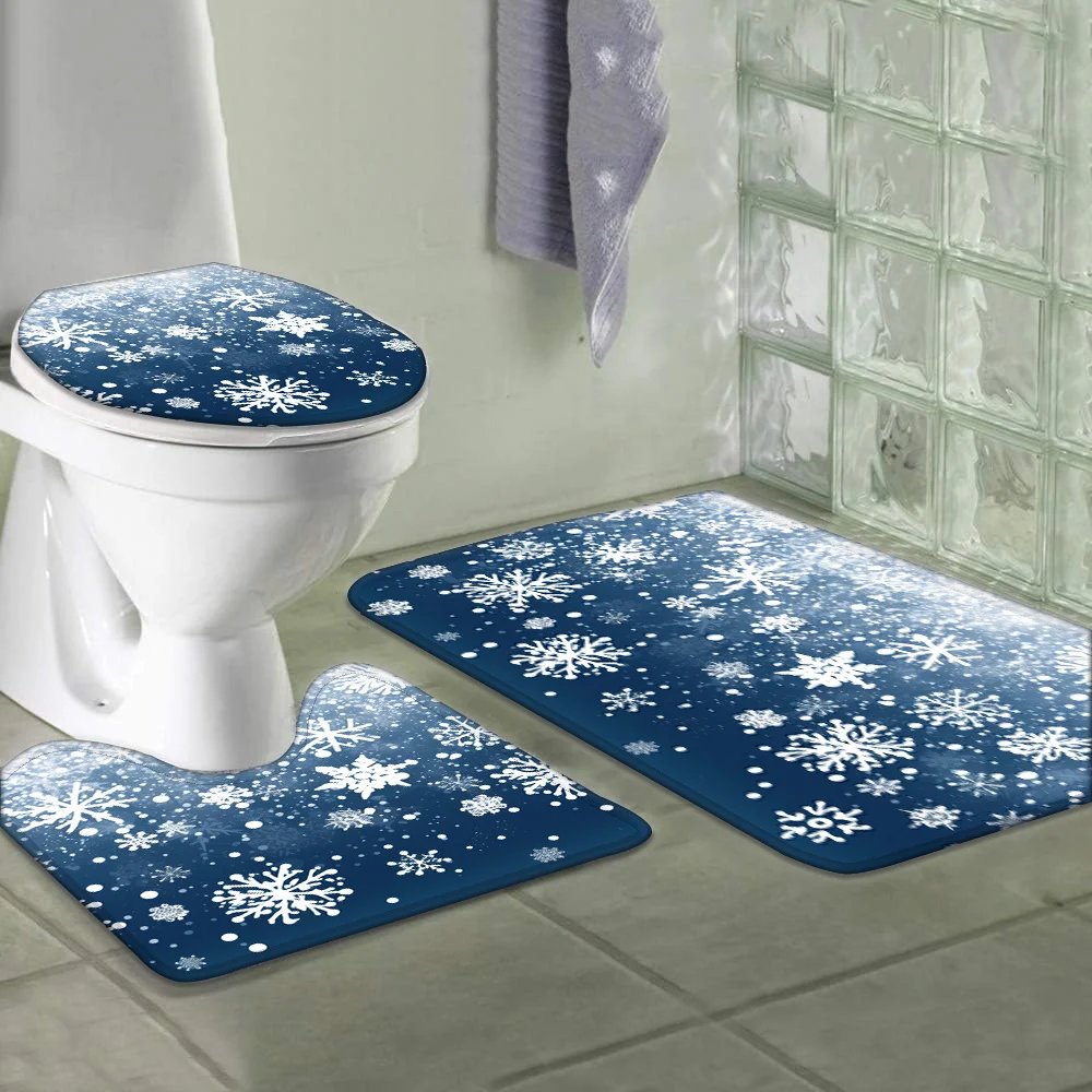 

Blue Themed Christmas Snowflakes Bathroom 3Pcs/set Mat Home Flannel Decoration Accessories Floor Rug Toilet Cover 40*60/50*80 CM