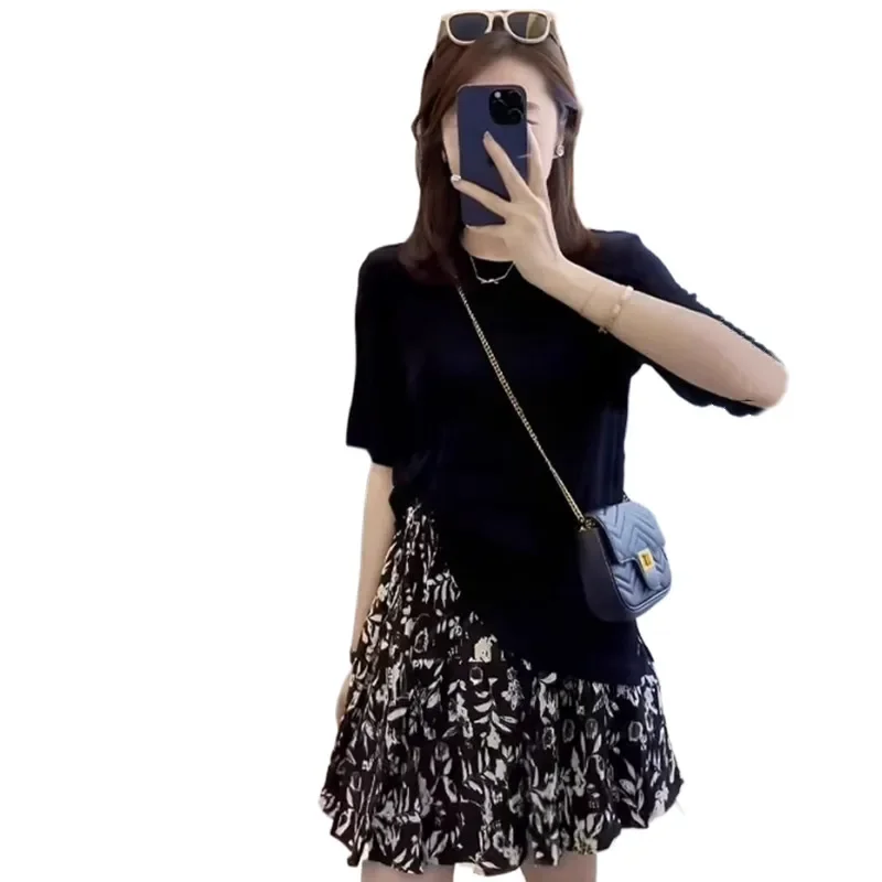 Verão feminino nova moda magro ajuste camiseta + saia impressa high-end conjunto de duas peças