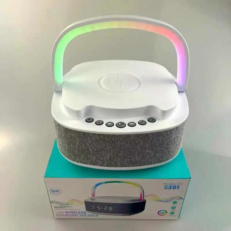 

НОВЫЙ S301 Портативный светодиодный динамик с беспроводной зарядкой 15 Вт, белый шум, синий зуб, с беспроводным зарядным устройством, часами и будильником для дома