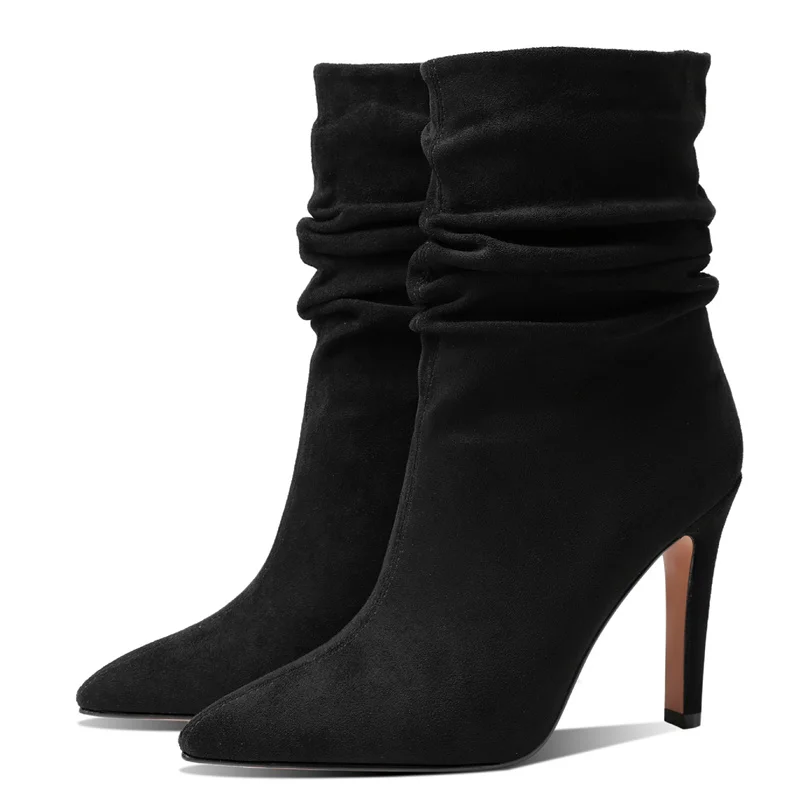 

Suede Women's Boots Pleated Sexy High Heels Ankle Boot 2024 Autumn Winter Fashion Black Beige Party Dance Shoes Ladies Point Toe