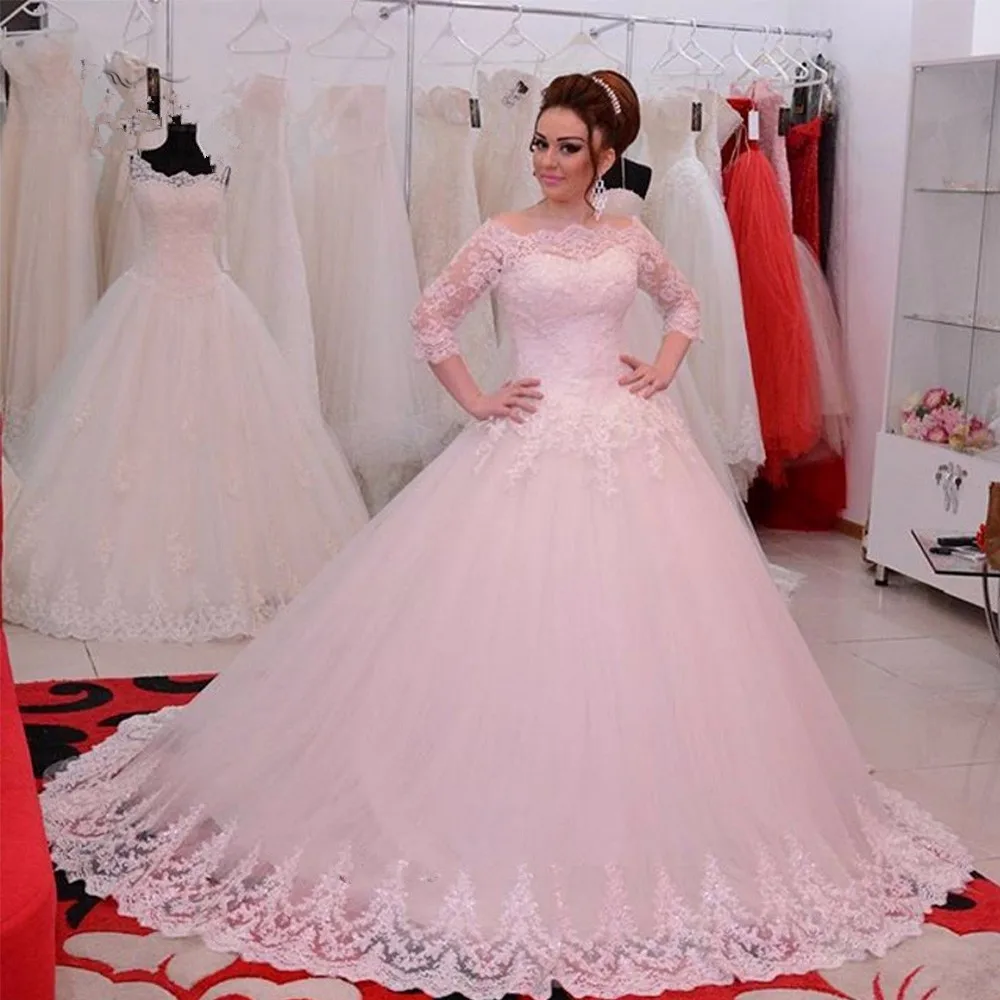 Plus Size Lace Applique Wedding Dress 3/4 Sleeve Ball Gown Bridal Dresses Elegant Wedding Gowns Vestido de Casamento Boda