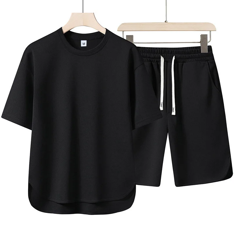 

2026 Summer New Men Pineapple Round Neck Short Sleeve Shorts Two Piece Set Loose Large Outdoor Sports Running Solid Color Set