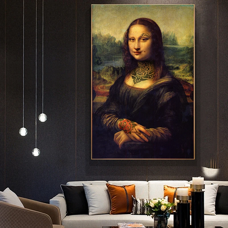 Funny Art Tattooed Mona Lisa Canvas Paintings Bad Girl Wall Art Posters and Prints Da Vinci Famous Paintings for Home Decor