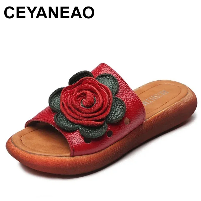 

Ethnic Mocasin 2.5cm Genuine Leather Fashion Slippers Women Platform Wedge Flats Appliques Hollow Peep Toe Summer Shoes