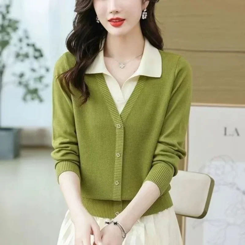 Fashion Color Block Fake Two Pieces Sweater Women and Winter Polo Collar Casual Thin Office High Quality All-match Top PH50