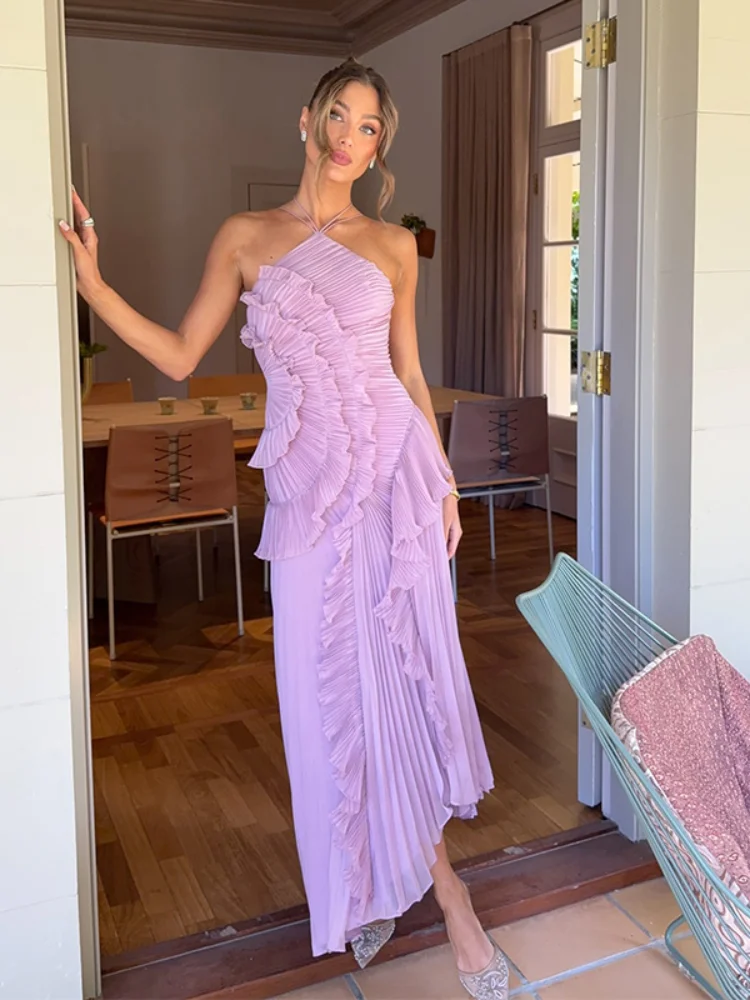 Bohemian Blue Pleated Halter Maxi Dress Women Gentle Sleeveless Asymmetric Ruffles Vestido Romantic Dinner Date Night Gowns 2026