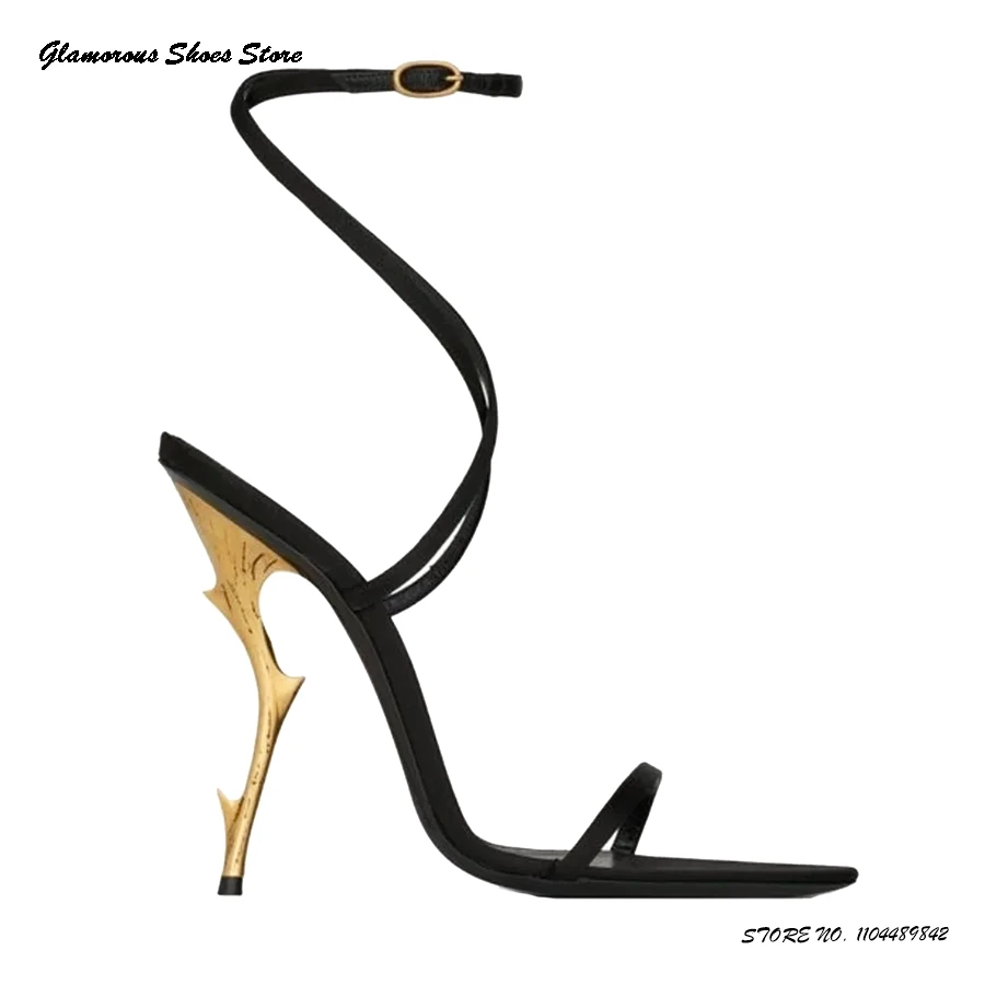 

Gold Strange Style Heel Leather Sandals Women's Pointed Toe Party Office Dress High Heels Summer Buckle Strap Trending Shoes