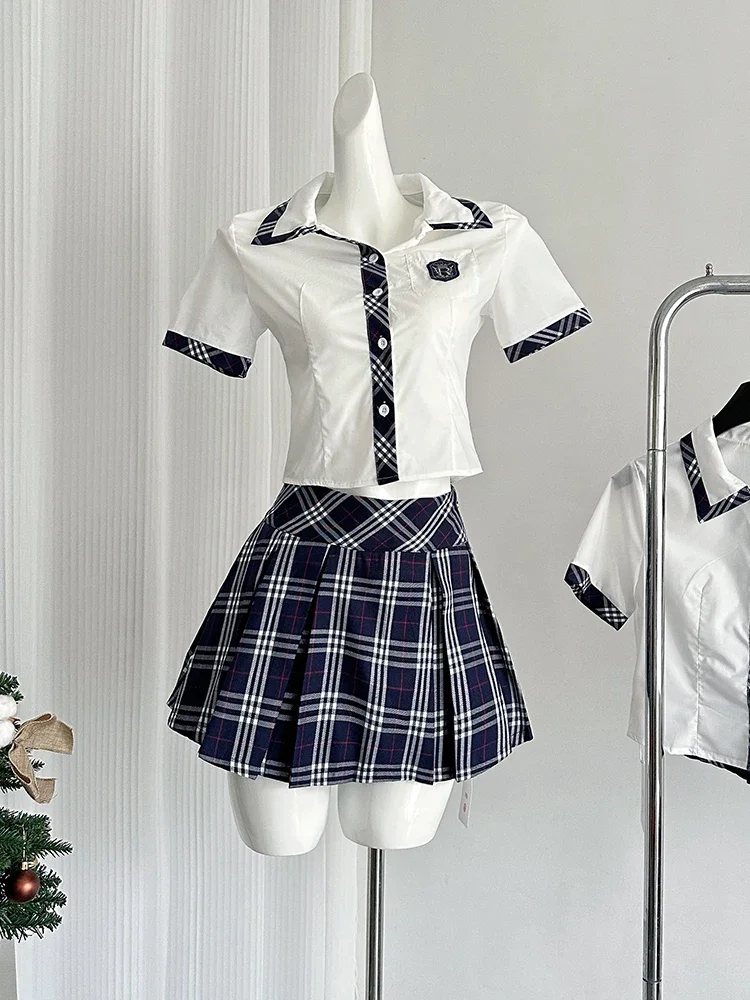 

Summer Women 2000s Gyaru Coquette Japanese Preppy Suit Y2k Outfits 2 Piece JK Uniform Set Crop Shirts + Mini Pleated Plaid Skirt