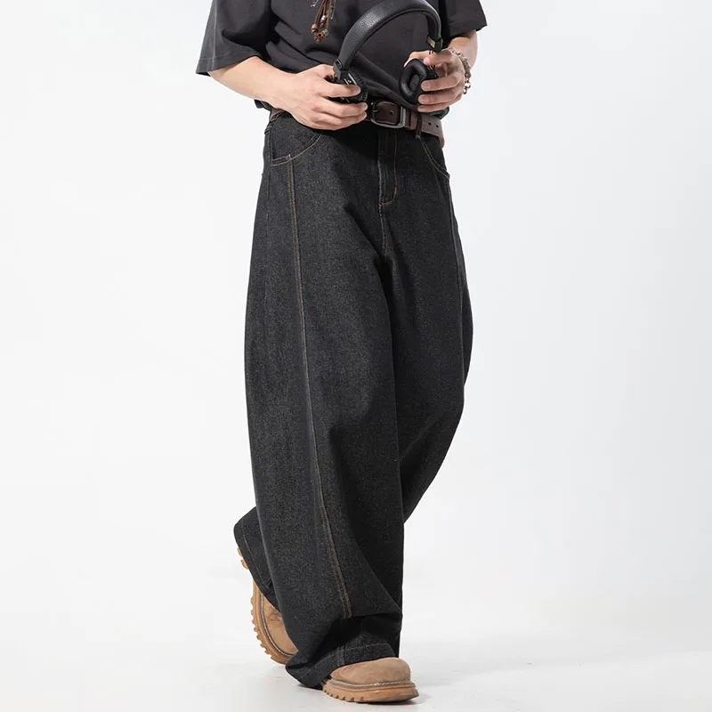 Men'S Denim Pants Vintage Washing Wide Leg Loose Elastic Jeans Casual Straight Trousers