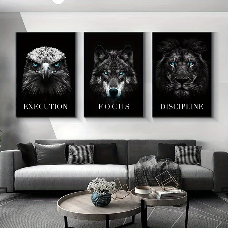 （Noframe 3PCS)-1pc/3pcs Black Animal Canvas Posters Unframed - Eagle Execution, Wolf Focus, Lion Discipline Inspirational Wal