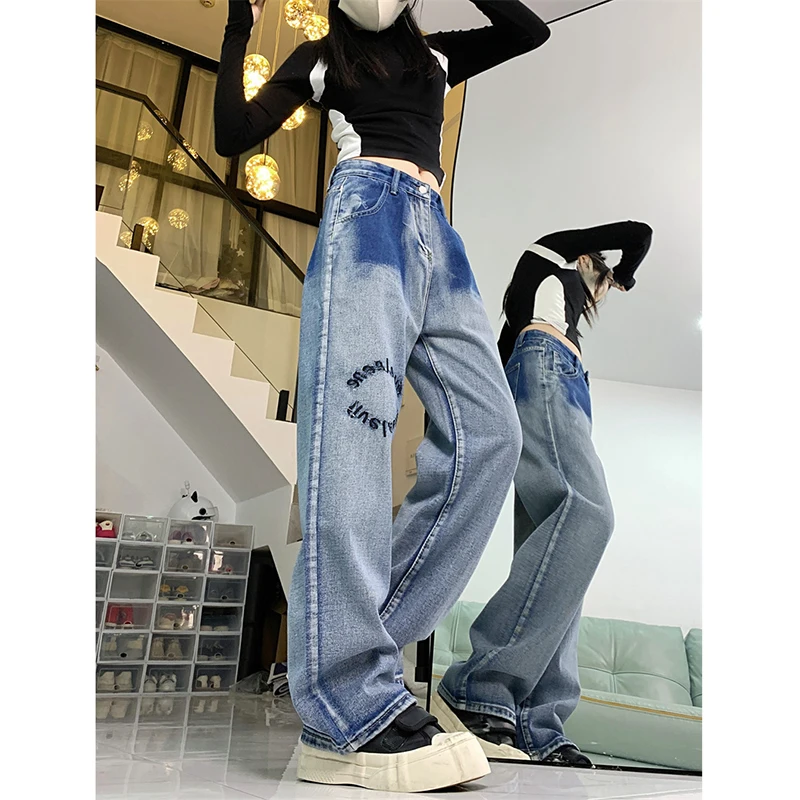 Fashion Niche Gradient Jeans Women Vintage Letter High Waist Loose Straight Wide Leg Denim Pants Female Casual Versatile Trouser