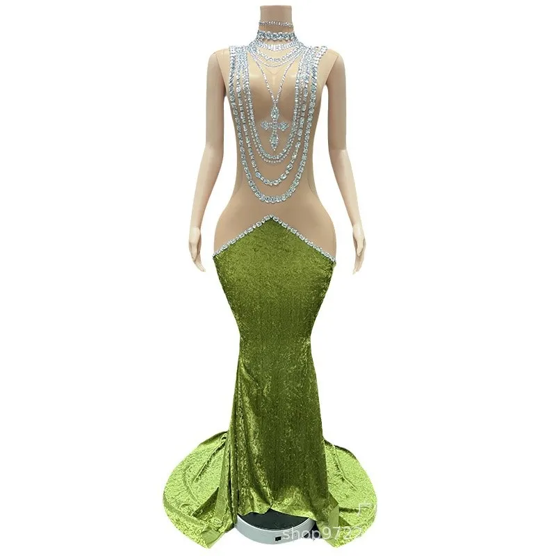 Niche Matcha Green White Temperament Hip-wrapped Fishtail Skirt Concert Celebrity Social Evening Dress Birthday High-end Dress
