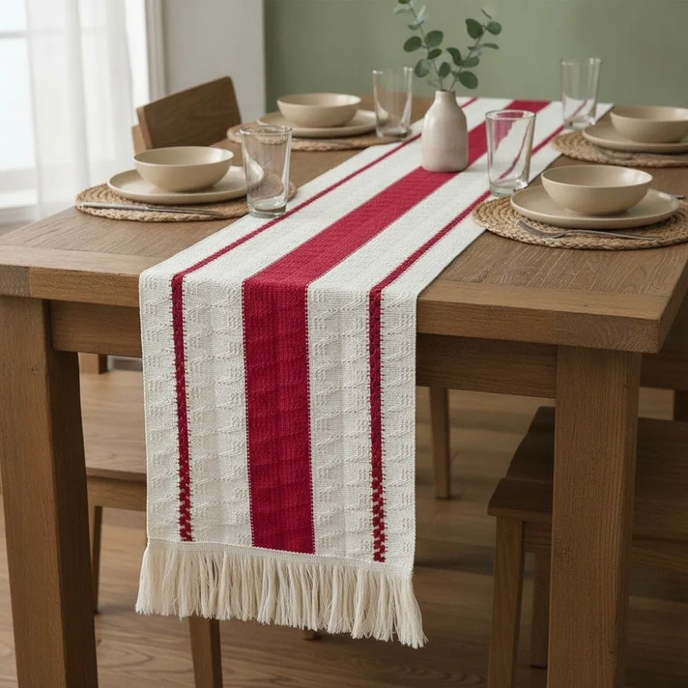 Red Stripes Bohemian-Style Table Runner Weaving Design Rectangular Dinning Table Cover With Tassel Non-slip Tablecloth Wedding