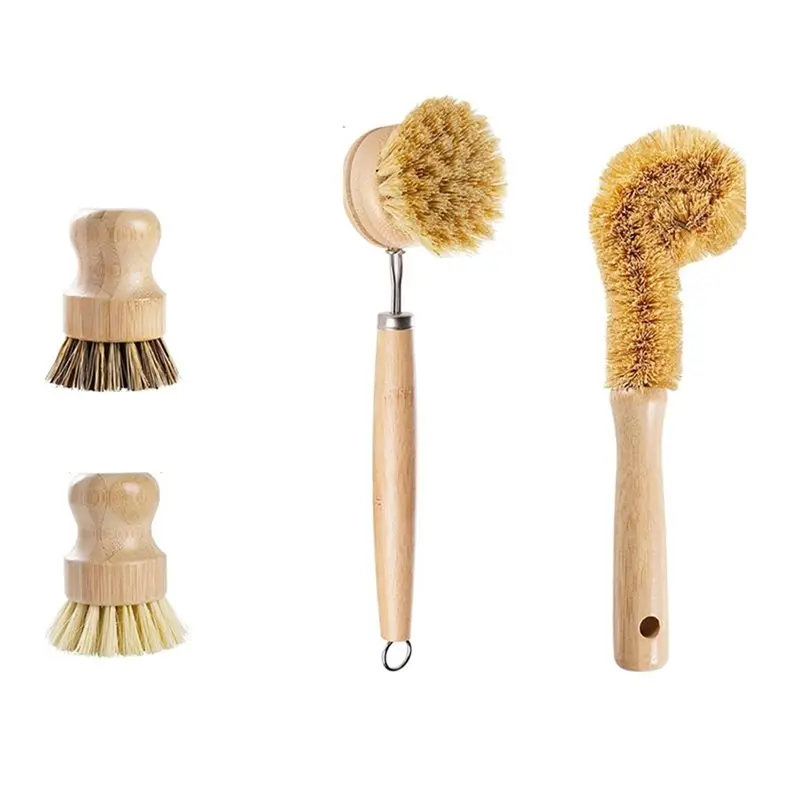 ABNL Ergonomic Wooden Handles 4-Piece Bamboo And Coconut Fiber Dish Brush Set For Comfortable Cleaning