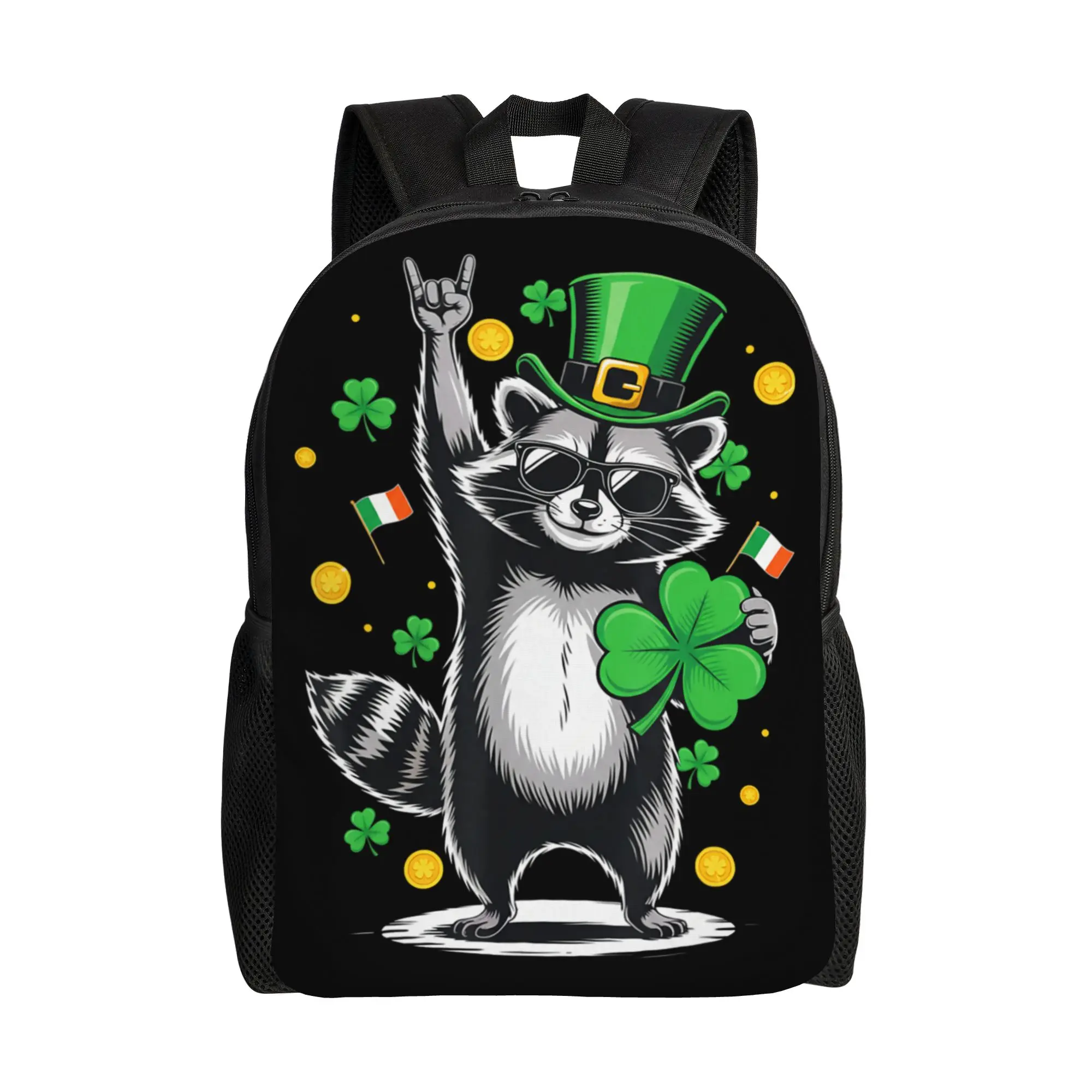 

Lucky Raccoon St Patricks Day Shamrock Rock On Trash Panda Backpack Unisex Lightweight Backpacks High School Bags Rucksack