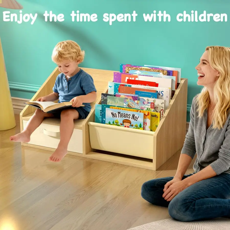 رف كتب للأطفال مع مقعد رف كتب للأمام لغرف الأطفال، خزانة كتب للحضانة مع رف مونتيسوري من 5 طبقات، خشبي