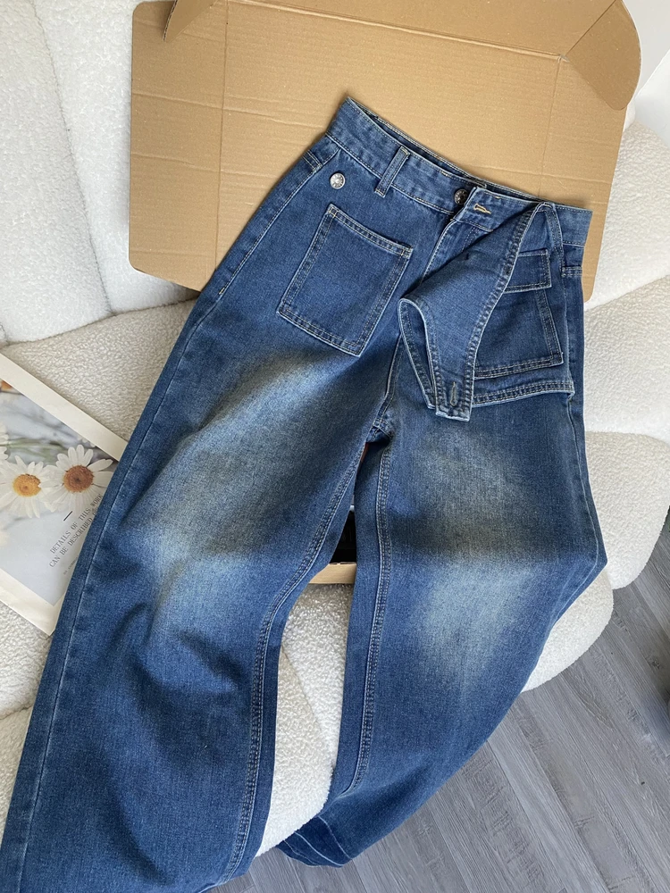 American Style Blue High Street Straight Leg Jeans Irregular Personalized Fashion Pants 2025 Autumn/Winter New Women's Jeans