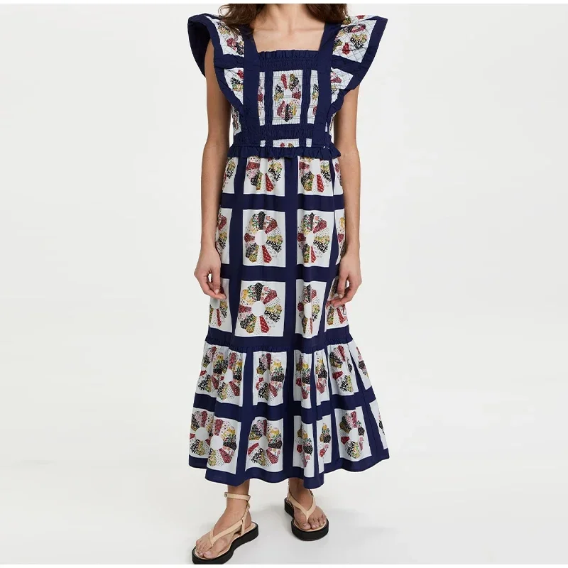 

Women Vintage Print Spliced Ruffles Midi Dress Chic Square Neck Flying Sleeve Backless Bow Robe 2024 Lady Party Elegant Vestidos