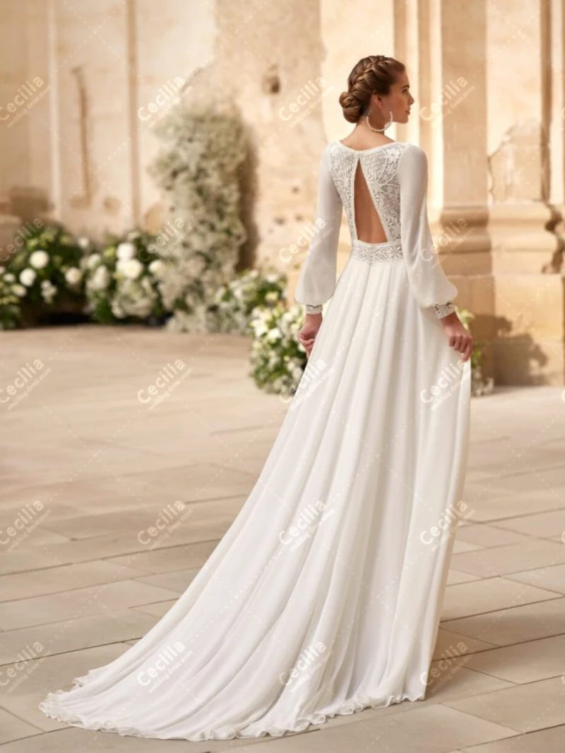 بوهيميا فساتين الزفاف ألف خط الشيفون زي العرائس الدانتيل زين الأكمام الطويلة نفخة الجلباب Vestidos De Novia مخصص 2025