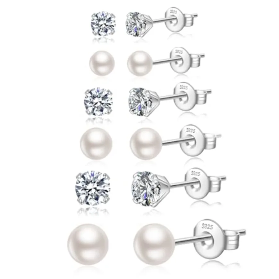 

JEMARA Silver Stud Earrings for Women Hypoallergenic 925 Sterling Silver Pearl Earrings Cubic Zirconia Ball Stud Earrings Set D