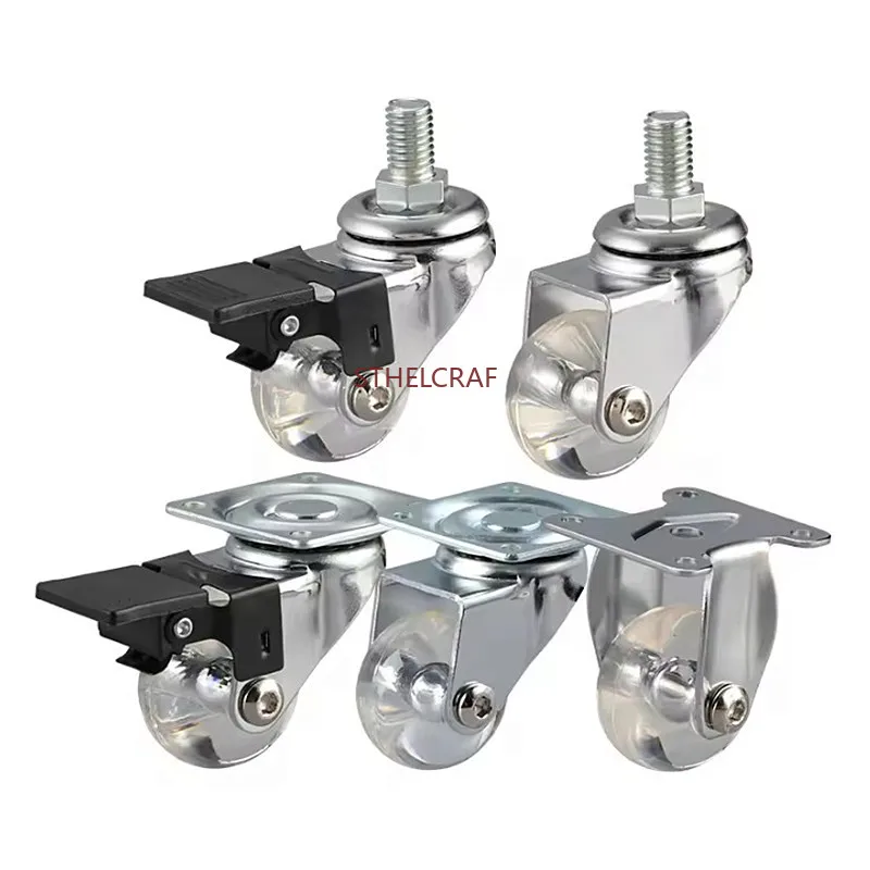 4PCS/1.5 Inch PU Universal Caster Wheels Set Transparent Brake Wheels for Carts Dressers Platform Trolley Office Chair Caster