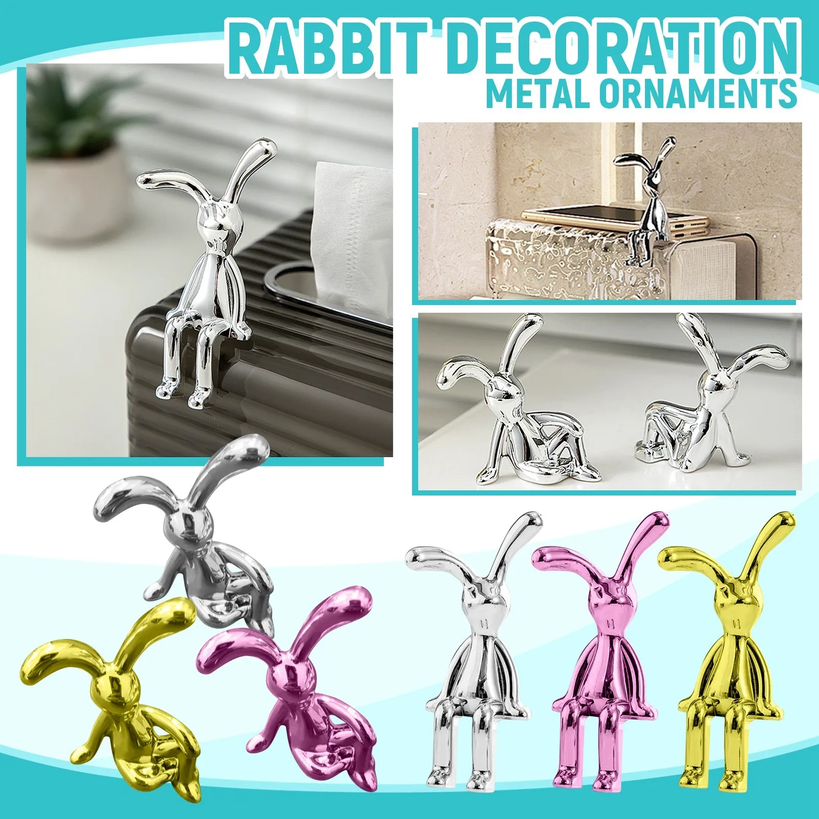 1 PC Creative Sitting Posture Long Eared Rabbit Figurine Silver Miniature Pastable Plating Rabbit Statue Home Decor Ornament