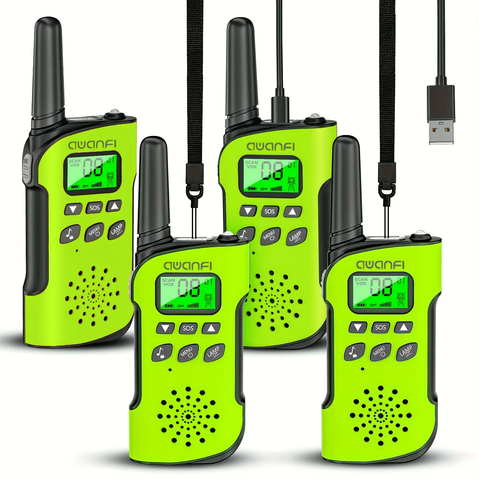 

AWANFI Walkie Talkies 4 Packs Rechargeable for kids, Long Range Flashlight 22 Channel, USB Type C for Camping, Hiking, Gifts