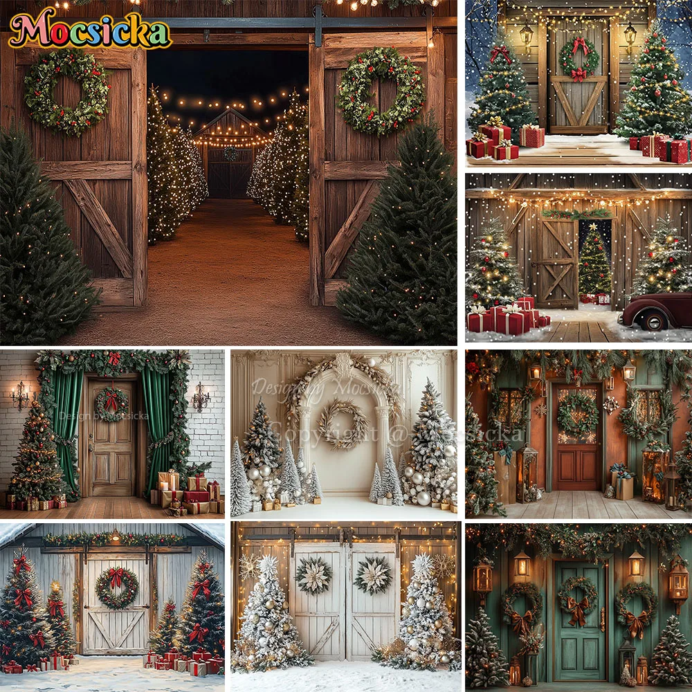 Photography Lighting Setup - Mocsicka クリスマスツリーファーム背景写真木製納屋ドアグリッターライト背景家族子供屋外写真スタジオ