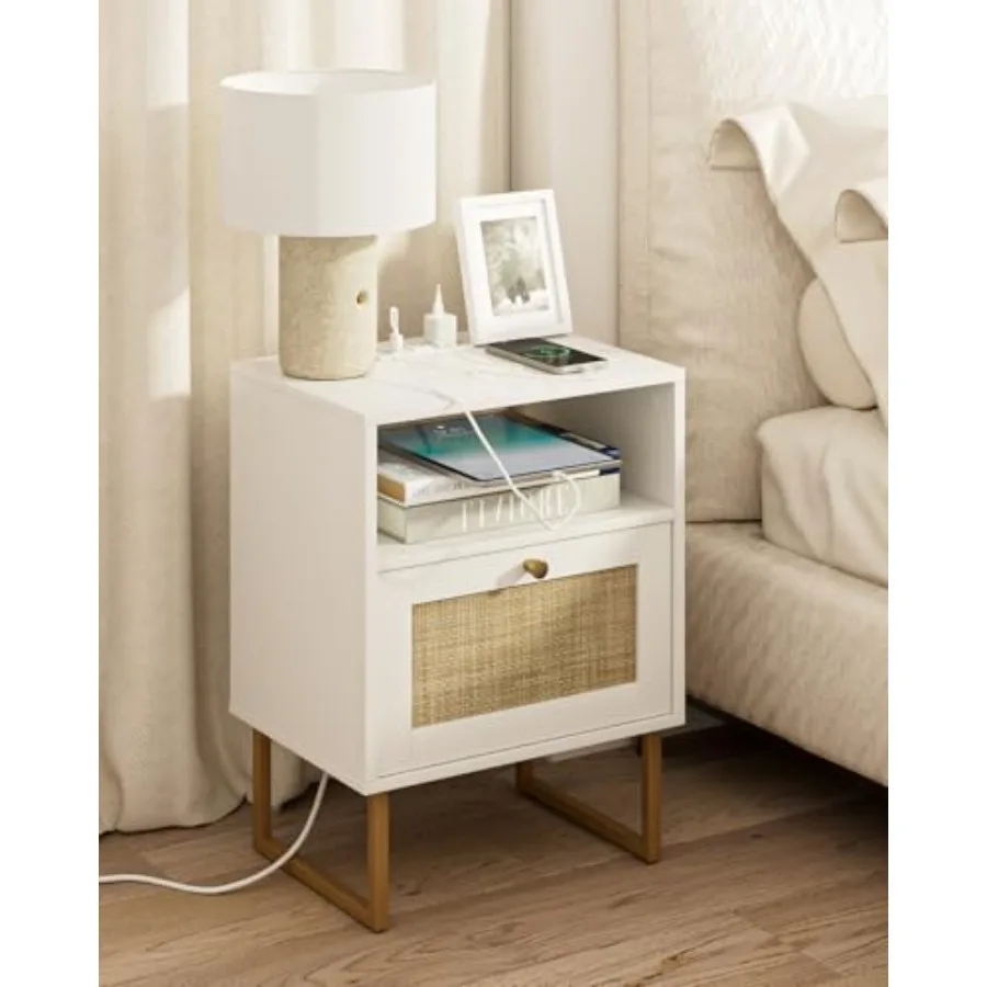 Rattan Nightstand with Charging Station Modern Boho Farmhouse Wood Bedside Table with Storage Drawer and Open Shelf Small Gold