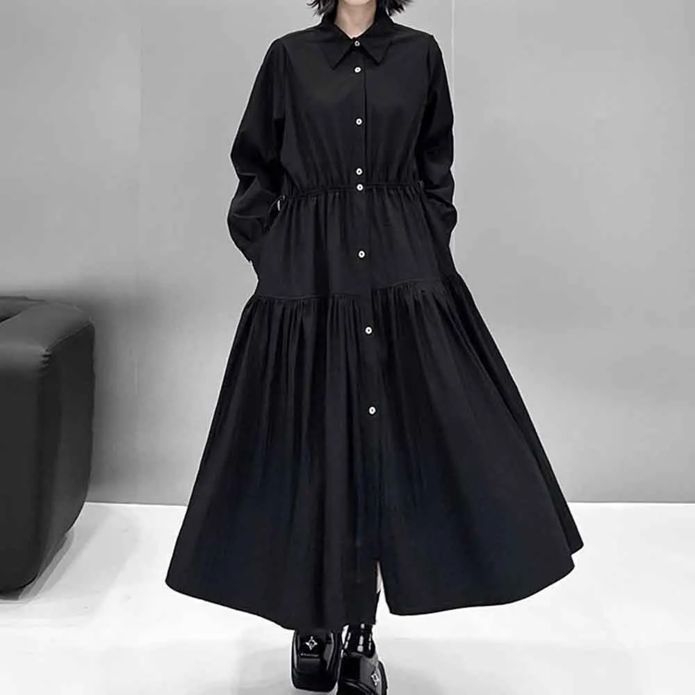 Womens Drawstring Waist Casual A-Line Dress Dark Fashion Outdoor Commuting Loose Versatile Long Shirt Women'S Clothing 2025 New