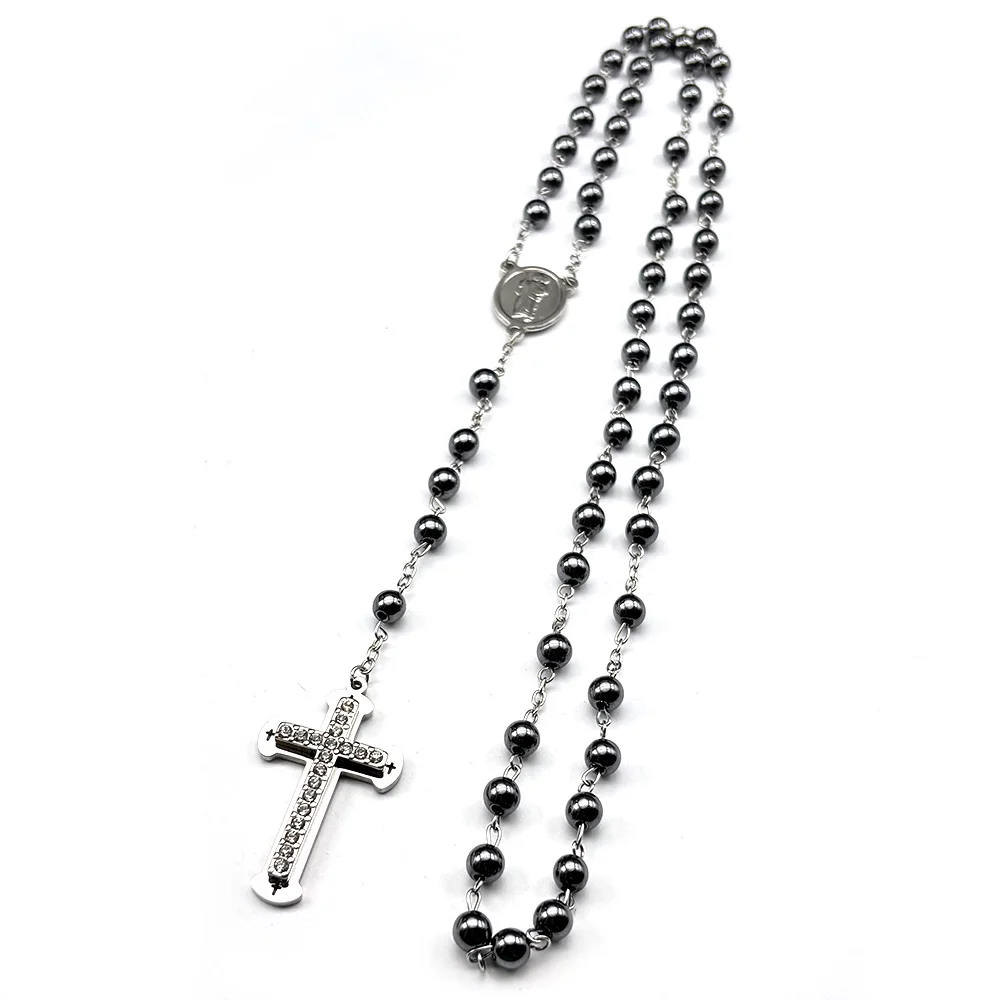 

Christian Cross Rhinestones Pendant Necklace for Women Men Silver Color Stainless Steel Catholic Prayer Beads Chain Jewelry